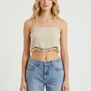 Jason Wu Crop Top Womens Beige Linen Mother of Pearl Shell Beaded Trim Size 6